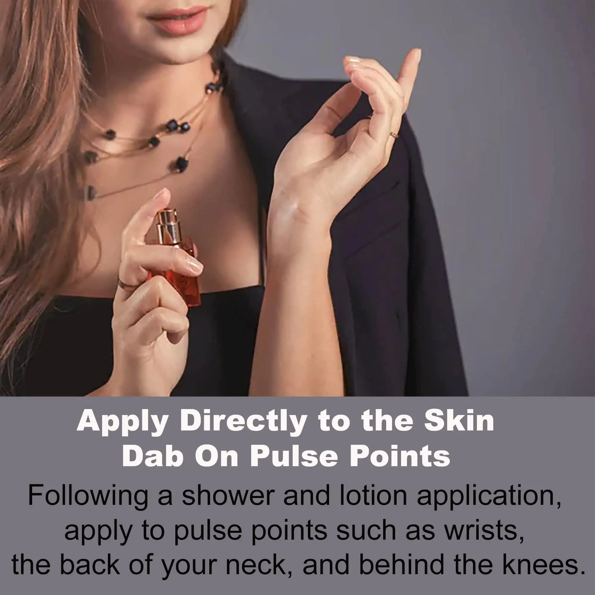 Woman applying Perfume for Women Long Lasting Fragrance Spray to her pulse points on skin.