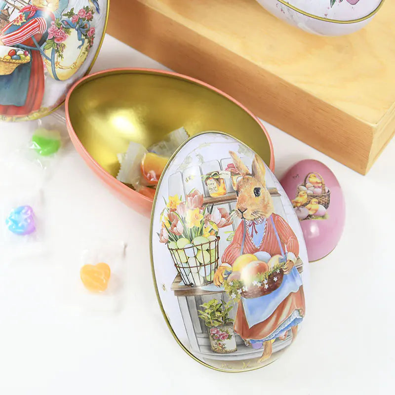 Leuke paasei snoepdoos van metaal met konijntjesprint