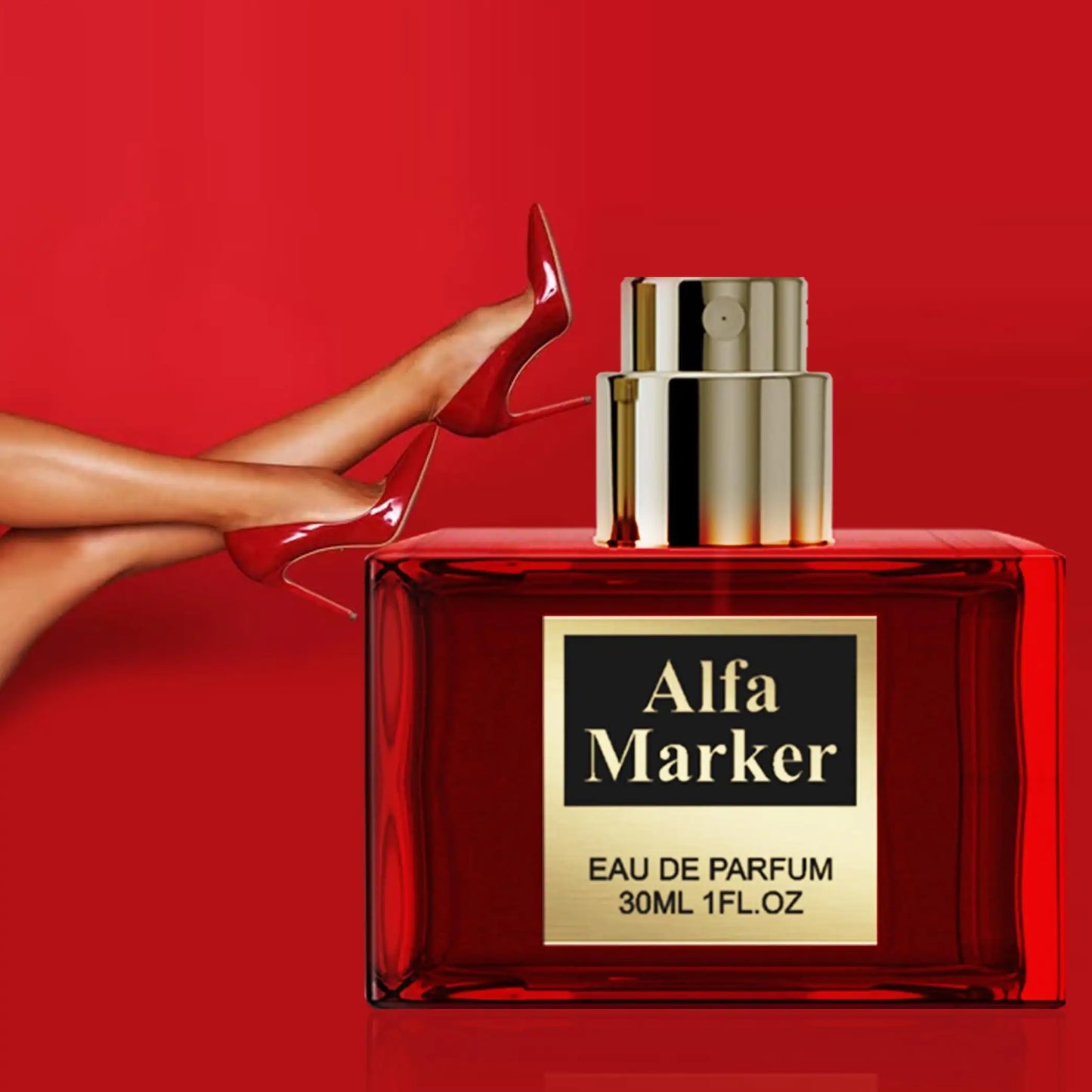 Perfume for Women Long Lasting Fragrance Spray bottle with elegant design and red background.