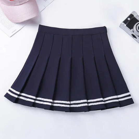 Navy Style Half-Length Striped Elastic Waist Skirt
